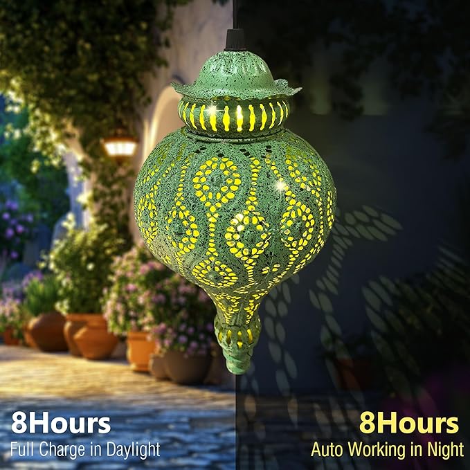 Moroccan Solar Lanterns Outdoor Waterproof Green Hanging Lanterns Outdoor Ramadan Garden Decor Gardening Gifts for Women Mom Grandma Solar Lights for Patio, Pathway, Yard, Porch, Backyard.