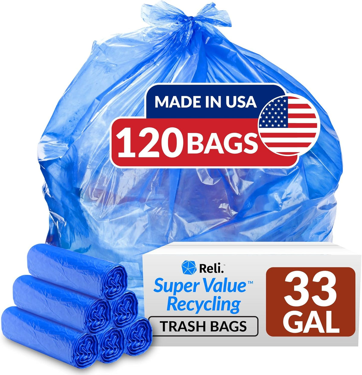 Reli. SuperValue 33 Gallon Recycling Bags (120 Count) Made in the USA - Blue Trash Bags, 30-33 Gallon | Recycling, Garbage | 33Gal with 30Gal - 35Gal Capacity