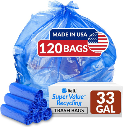Reli. SuperValue 33 Gallon Recycling Bags (120 Count) Made in the USA - Blue Trash Bags, 30-33 Gallon | Recycling, Garbage | 33Gal with 30Gal - 35Gal Capacity