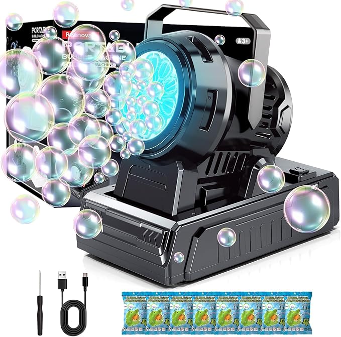 Bubble Machine – 10-Hole Automatic Bubble Blower, 20000+ Bubbles Per Minute, Plug-in or Battery Operated, Portable for Kids, Outdoor Parties, Weddings & Birthdays