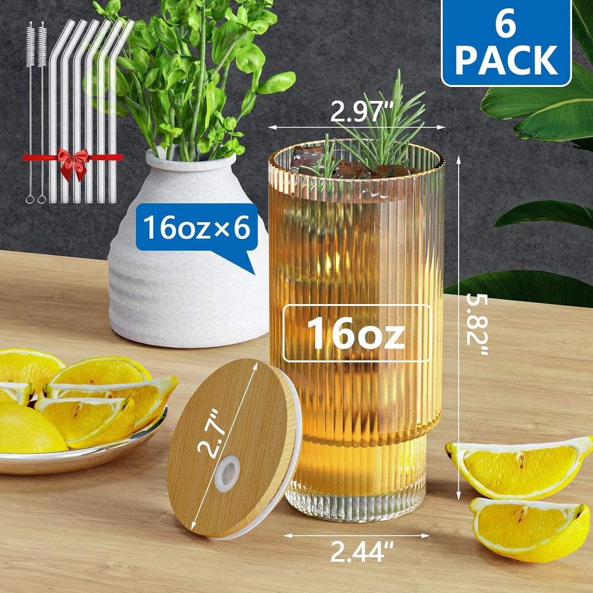 16Oz Glass Cups, 6Set Glass Tumbler with Straw and Lid, Vintage Glassware for Whiskey Cocktail Beer, Iced Coffee Cups with Lid (6 PACK)