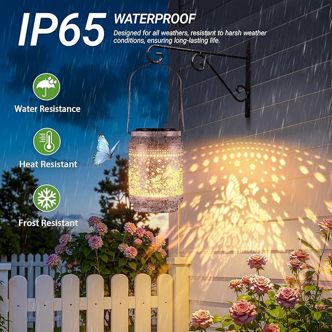 KOOPER 2 Pack Solar Lanterns Outdoor Waterproof Mothers Day Gifts for Women Mom Grandma, Metal Butterfly and Rose Hanging Solar Lantern Outdoor, 2 Modes Outdoor Decoration for Yard, Patio, Garden