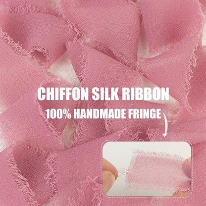 Rosy Mauve Chiffon Ribbon - 1 Inch x 21 Yards, Handmade Fringe, Silk, Boho Frayed, Gift Wrapping, Wedding Invitation, Bridal Flower Bouquets