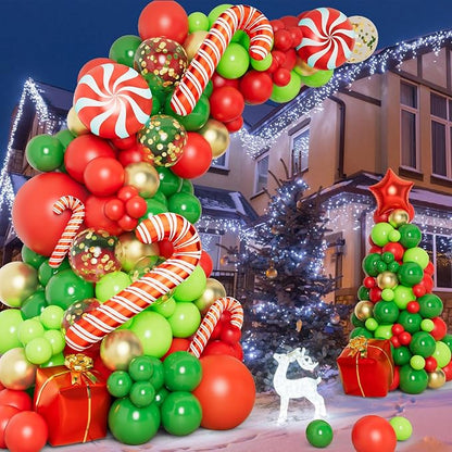 DBKL 138 Pcs Christmas Balloons Garland Arch Kit with Xmas Red Gold Green Balloons Candy Cane Gift Box Foil Balloons for Christmas Party Decorations Birthday Xmas Party Supplies