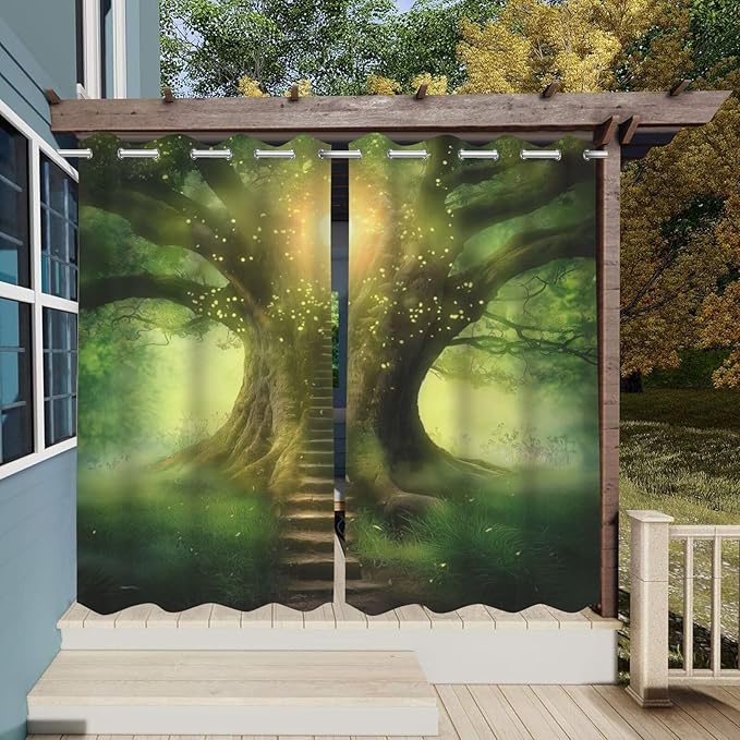 Fantasy Theme Waterproof Indoor/Outdoor Curtains,Forest Pattern,Privacy Weatherproof Grommet Outside Curtains for Porch, Pergola, Cabana,2 Panel,W54 x L96,Green