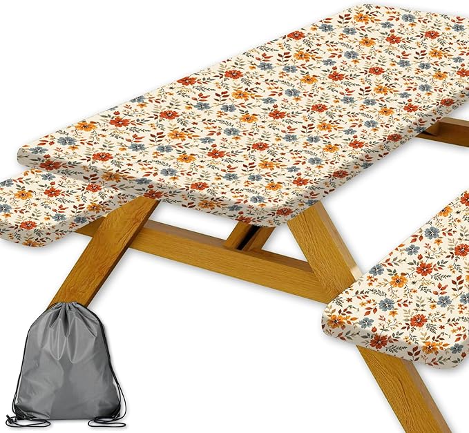 JAWO Boho Floral Picnic Table Covers with Bench Covers, Fall Autumn Flowers Tablecloth, Outdoor Table Cover Set, Patio Camping Picnic Table Protector, 72x30 Inch