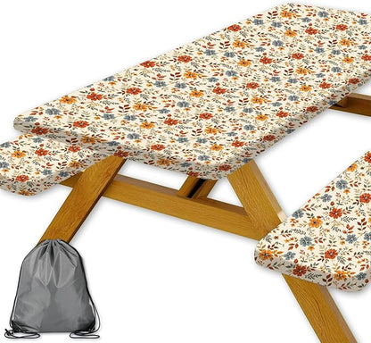 JAWO Boho Floral Picnic Table Covers with Bench Covers, Fall Autumn Flowers Tablecloth, Outdoor Table Cover Set, Patio Camping Picnic Table Protector, 72x30 Inch