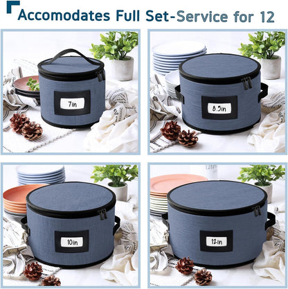 Fine China Storage Containers Hard Shell, 4 Piece Dish Storage Containers, Quilted Plate Containers, Stackable Dish Organizer with Dividers, Dinnerware Storage for Moving and Seasonal Storage, Blue