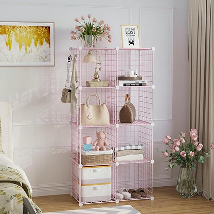 C&AHOME Wire Cube Storage, 8 - Cube Organizer Metal C Grids, Modular Shelves Units, Closet Organizer, Ideal for Home, Office, Living Room, 24.8" L x 12.4" W x 48.4" H, Pink UWCS3008P