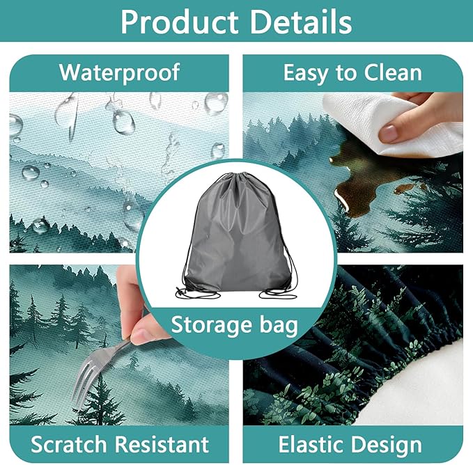 JAWO Green Forest Picnic Table Cover - Fitted Tablecloth with Elastic Edge,Camping Design for Outdoor Camping, BBQ Decor, 60x30 Inch