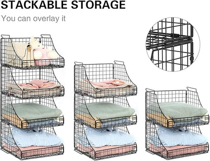 Lyuwanxian 4-Pack Stackable Wire Baskets for Closet Organizers and Storage, Open Storage Bins for Clothes, Toys, and Snacks - Rustic Metal Closet Organizer and Shelves in Black