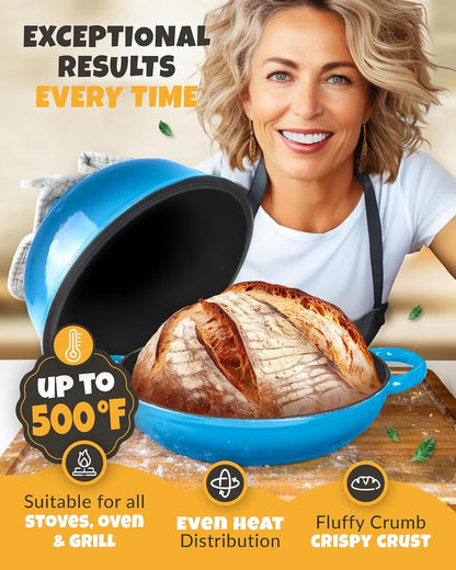 Dutch Oven Bread Baking - 5QT Enamel Bread-Dome - incl Sourdough Bread-Baking Suppliers like Dough Whisk Scoring Lame etc Bread-Oven Cast Iron for Sour dough Bread-Pan with Lid, Bread-making