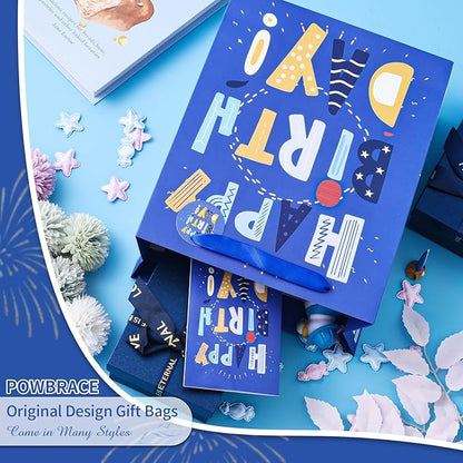 Powbrace 13" Blue Happy Birthday Bag with Tissue Paper and Greeting Card for Party,Happy Birthday Gift Bag for Boys, Girls, Kids, Men Women,Gift Bags Medium size (1 PCS Blue, Gift Bag)