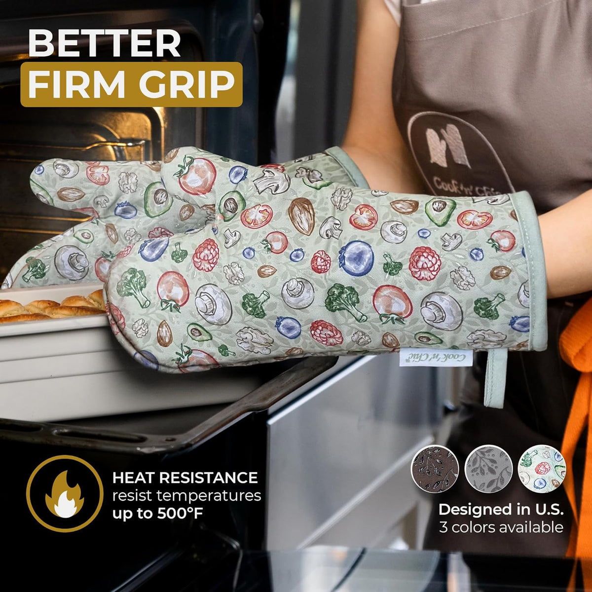 Premium Green Oven Mitts - Stylish and Heat-Resistant - Non-Slip Platinum Silicone Grip - Long and Thick