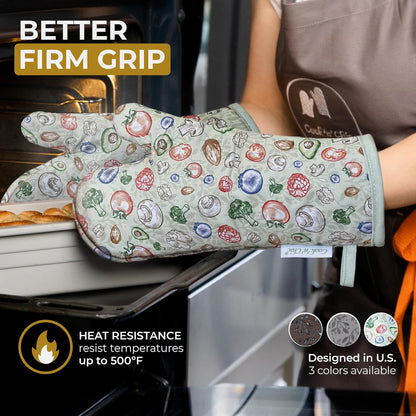 Premium Green Oven Mitts - Stylish and Heat-Resistant - Non-Slip Platinum Silicone Grip - Long and Thick
