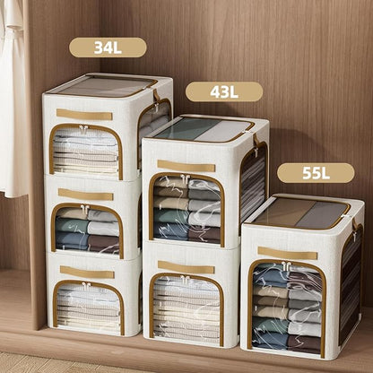 CYhom Clothes Storage Bins with Metal Frame,3 See-Through Windows Openings Clothing Storage Bin,3 Pack Foldable Storage Bins Boxes for Closet (White, 34L-16.5 x 12.6 x 9.8IN)