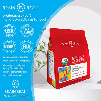 Brain Bean Organic Coffee – USDA Certified Organic Whole Bean Medium Roast – Premium Specialty Coffee – Fresh Roasted for Rich Aroma &amp; Smooth Balanced Flavor – 16 oz