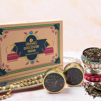 Brewix, Discover India Premium Black Tea Christmas Gift Box (6.34oz/90+ Cups), Tea Gift Sets For Tea Lover, 6 Unique Chai Teas, Best for Birthdays