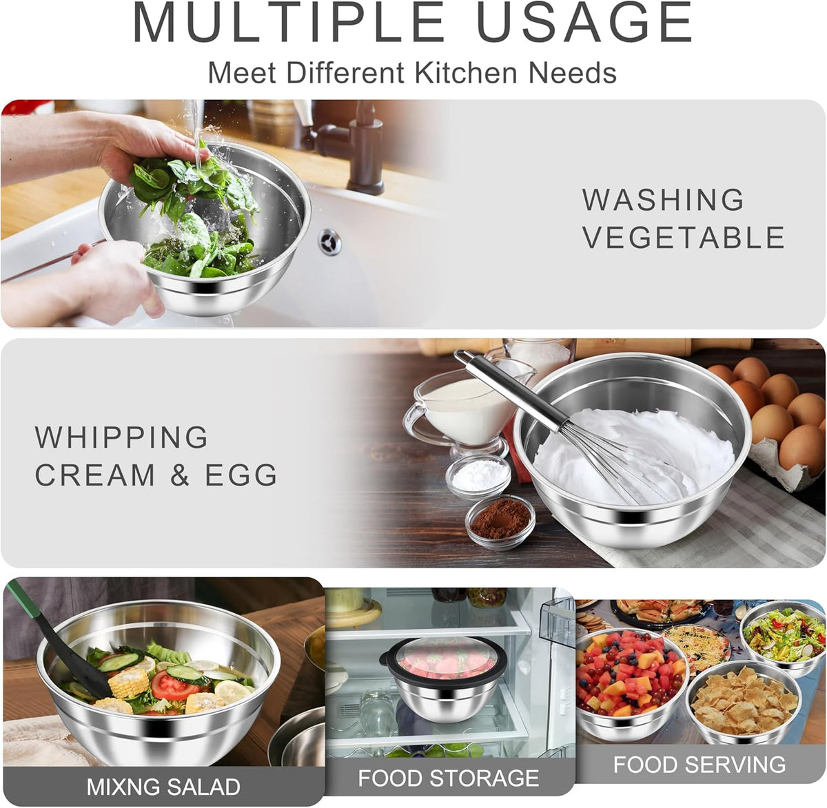 HaWare Mixing Bowls with Airtight Clear Lids, 6-Piece Stainless Steel Strong Nesting Bowls Set, Metal Salad Bowl for Cooking, Prepping, Baking