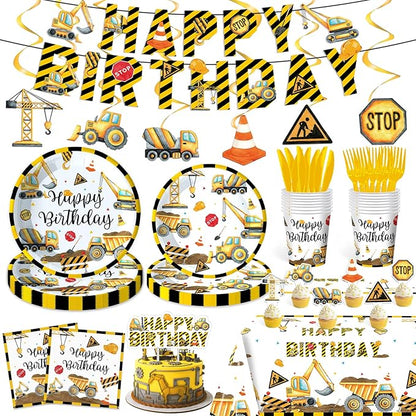 Construction Birthday Party Supplies Construction Party Decorations Includes Plates Napkins Cups Hanging Swirl Banner Tablecloth and Cake Toppers For Construction Theme Birthday Decorations
