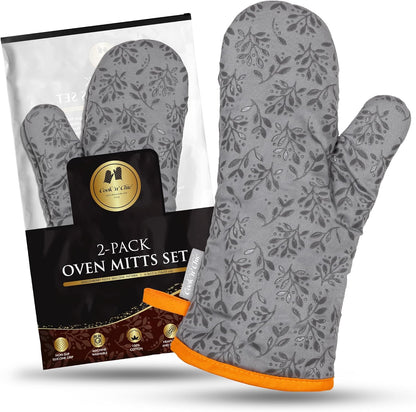 Premium Heat-Resistant Oven Mitts - Stylish and Beautiful - Non-Slip Platinum Silicone Grip - Long and Thick