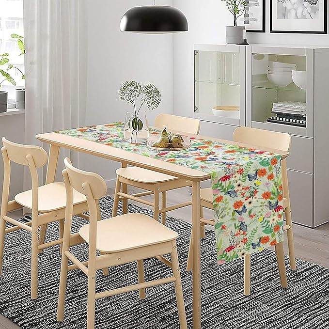 Butterfly Table Runner, Colorful Wildflower Butterfly Spring Table Runner for Holiday Kitchen Dining Home Party Outdoor 13x60in