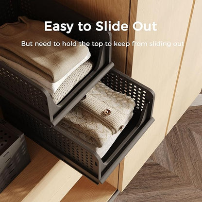 Pinkpum 5 Pack Folding Closet Organizers - Stackable Plastic Drawer Basket for Clothing, Shelf Storage Container for Closet, Wardrobe, Bedroom, Bathroom, Office (Black)
