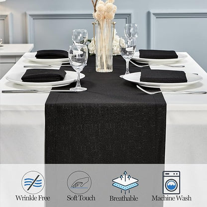 Mebakuk Linen Farmhouse Table Runner Large Burlap Style Soft and Waterproof Decorative Fabric Runner for Outdoor Wedding and Dinner (14 x 132 Inch, Black)