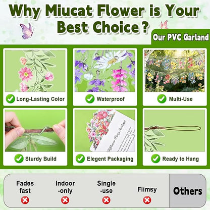 Pre-Strung Flower Garland Wildflower Banner, 2Pcs Reusable Floral Garlands for Bridal Shower Wedding Baby Bloom Garden Birthday Woodland Tea Party Decorations