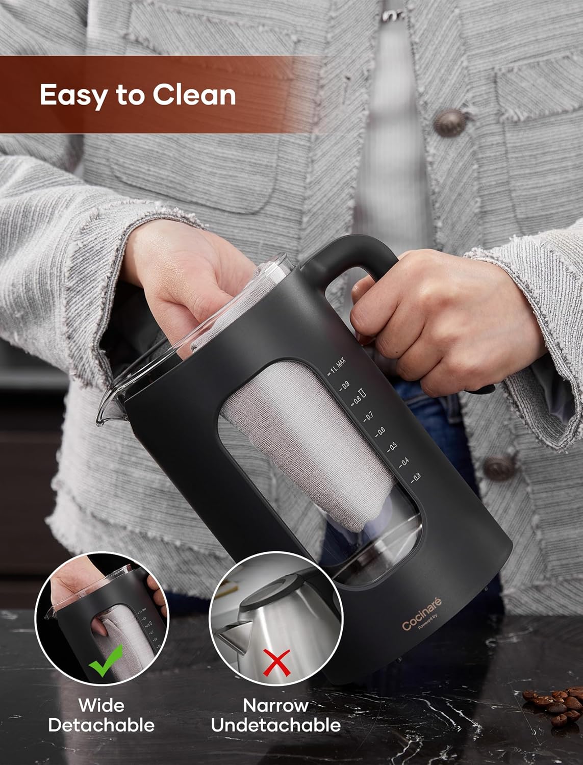Electric Tea Kettle, INTASTING Glass Electric Kettle with tea Infuser and Precise knob temperature control, 1200W Fast Heating, BPA-Free, Easy to Clean, for Tea and coffee, 1 Liter (Wood)