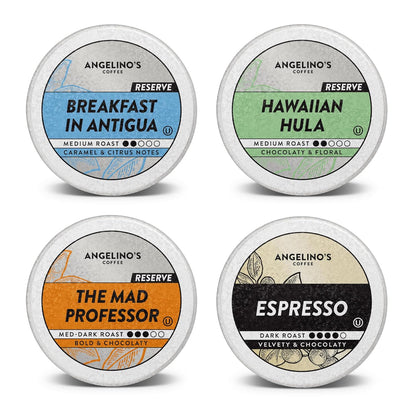 Angelino's Coffee Reserve Collection Coffee Pods Variety Pack, Medium & Dark Roast Coffee K Cups Compatible, 96 Count for Keurig Brewers