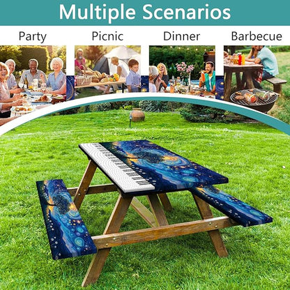 Piano Keyboard Picnic Table Cover with Bench Covers, Camping Essentials, Whirlpool Star Tree Flower Waterproof Windproof, Fitted Tablecloth Cover with Elastic Edge for Outdoor Garden 3 PCS 30x60 Inch