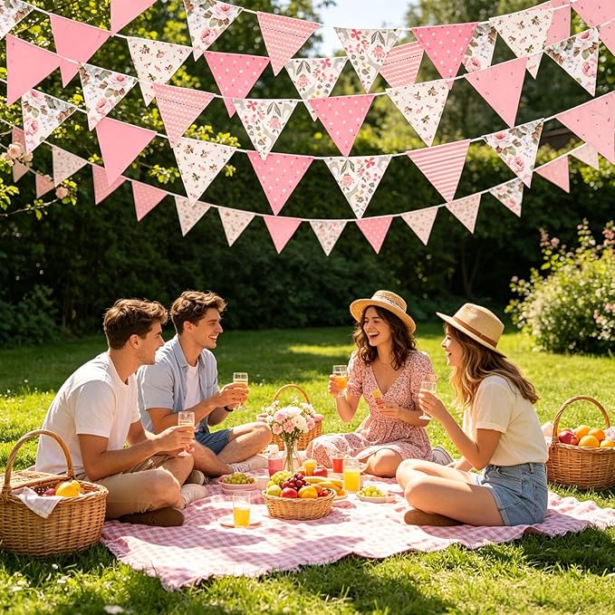 Zwiebeco 32Ft Pink Fabric Floral Pennant Banner Bunting Cotton Pinkish Flowers Triangle Flags Party Decorations for Birthday Wedding Engagement Bridal Baby Shower Rustic Village Home Garden Decor