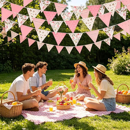 Zwiebeco 32Ft Pink Fabric Floral Pennant Banner Bunting Cotton Pinkish Flowers Triangle Flags Party Decorations for Birthday Wedding Engagement Bridal Baby Shower Rustic Village Home Garden Decor