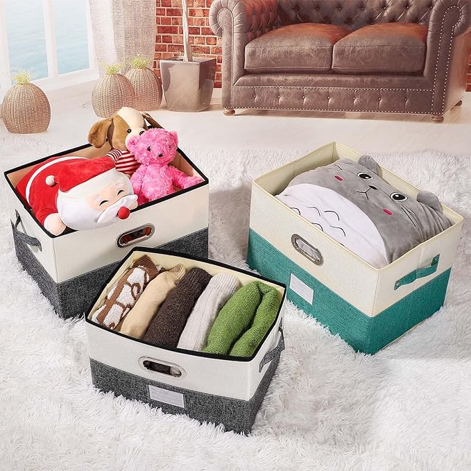 Large Linen Fabric Foldable Storage Bins with Removable Lid and Handles, Washable Storage Box Organizer Containers Baskets Cube with Cover for Bedroom,Office (Grey&Cream, Medium(2-Pack))