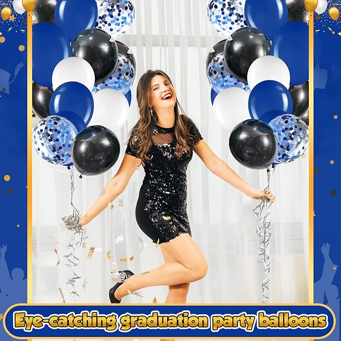 Sratte 60 Pcs 12 Inch Black Blue White Balloons Kit Graduation Decorations Back to School Confetti Latex Metallic Balloons with 2 Rolls Ribbon Party Favor for Memorial Day Birthdays