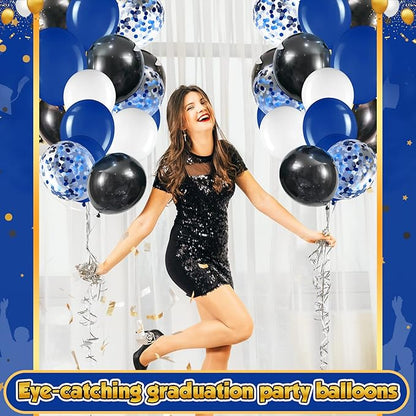 Sratte 60 Pcs 12 Inch Black Blue White Balloons Kit Graduation Decorations Back to School Confetti Latex Metallic Balloons with 2 Rolls Ribbon Party Favor for Memorial Day Birthdays