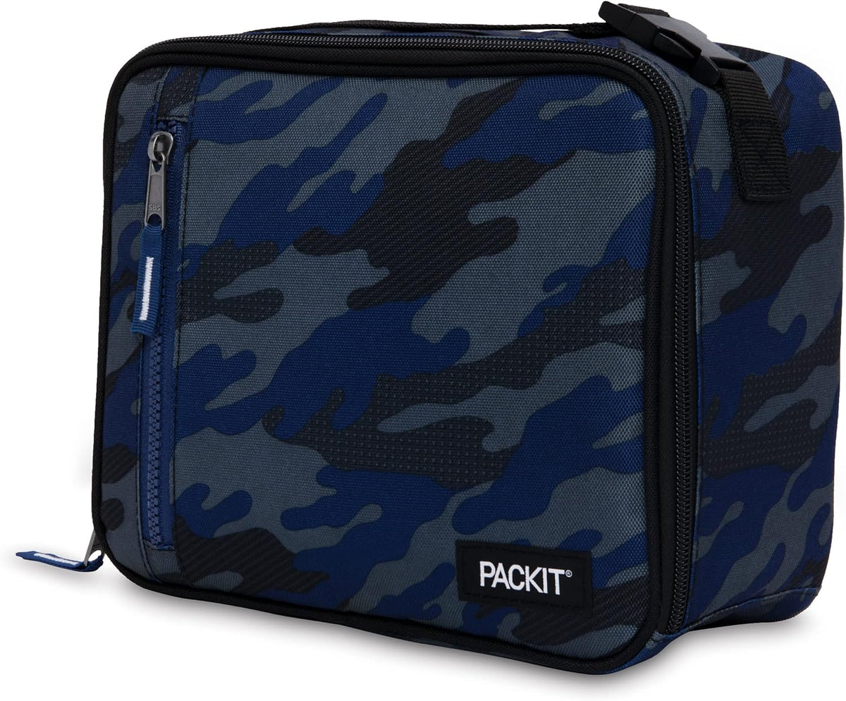 PackIt Freezable Classic Lunch Box, Sporty Camo Charcoal Navy, Built with EcoFreeze Technology, Collapsible, Reusable, Zip Closure With Zip Front Pocket and Buckle Handle, Desgined for Lunches