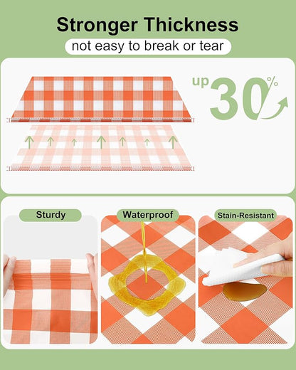 Smiry 12 Packs Gingham Disposable Table Cloth, 54 x 108 Inch Waterproof Plastic Tablecloth, Rectangle Orange and White Checkered Table Covers for Picnic, Birthday, Party