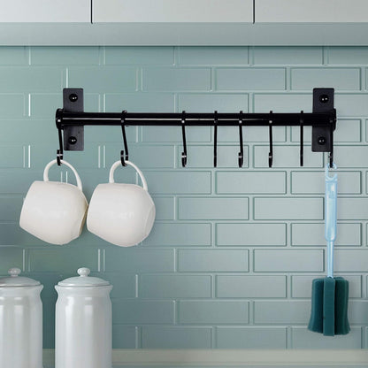 Dseap Kitchen Utensil Holder Hanger, Pot and Pan Rack Wall Mounted, Kitchen Rail with 8 Hooks for Hanging Cooking Utensils, Mugs, Spoons, Wall Mounted, Black