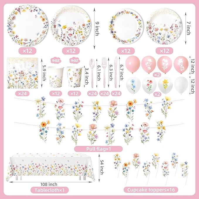 Kinovo 202PCS Wildflower Party Decorations Set with Banner, Balloons, Plates, Cups, Napkins, Tablecloth & Cutlery - Floral Baby Shower Birthday Supplies for 24 Guests