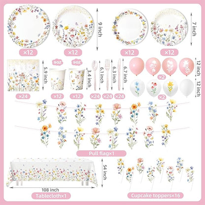 Kinovo 202PCS Wildflower Party Decorations Set with Banner, Balloons, Plates, Cups, Napkins, Tablecloth & Cutlery - Floral Baby Shower Birthday Supplies for 24 Guests