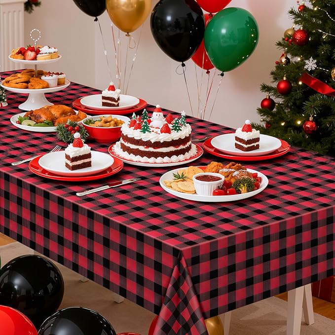1 Pack Red Striped Gingham Tablecloths, 54 x 108 Inch Disposable Plastic Rectangle Table Covers, Waterproof Red and Black Checkered Table Cloths for Picnic, Birthday, Party, Outdoor Events