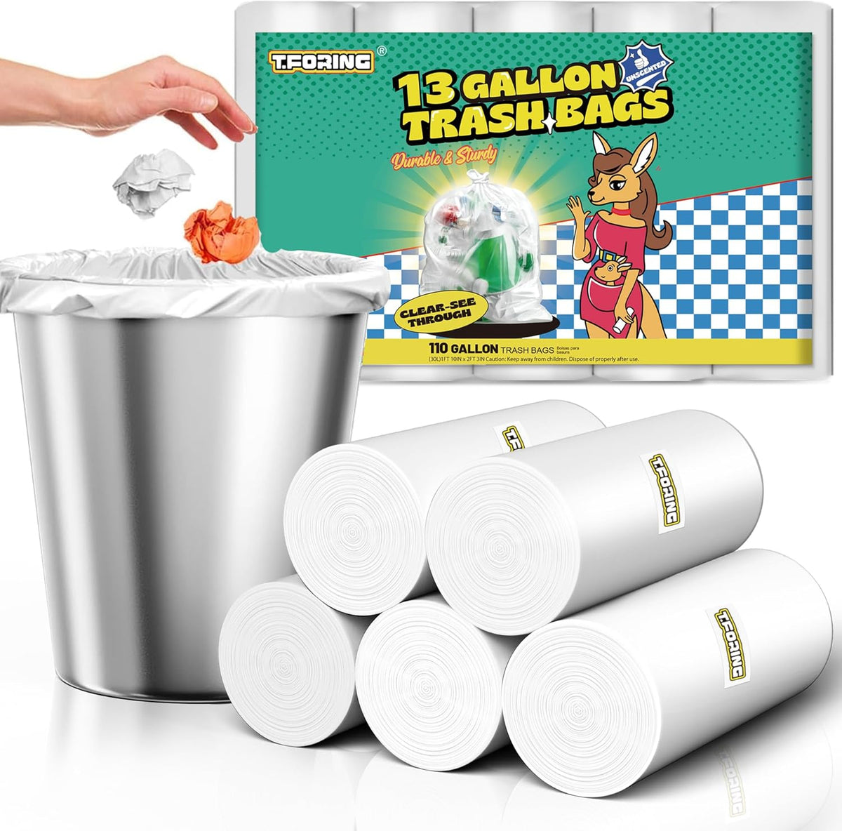 13 Gallon Tall Kitchen Trash Bags - 110 Count Clear Plastic Garbage Bags Unscented Trash Can Liners Strong Waste Basket Bags 49.2 Liter for Home and Office Bins