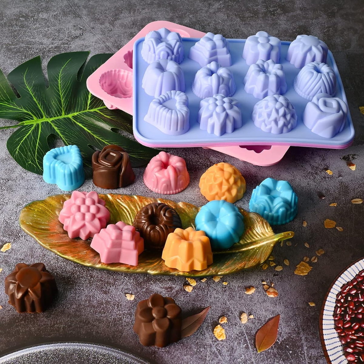 Sakolla 3 Pack Flower Molds Silicone, 12 Cavities Different Shapes Silicone Molds for Chocolate, Cupcake, Candy, Jelly, Ice Cube, Muffin (Pink
