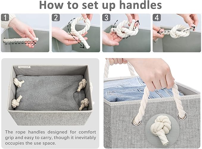 StorageWorks Storage Bins with Lids, Decorative Storage Boxes with Lid and Soft Rope Handles, Foldable Storage Baskets for Closet, Shelves, Stackable, 3-Pack, Gray, Large