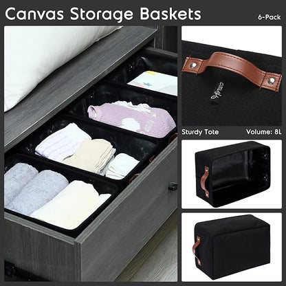 Hinwo 6-Pack Small Canvas Fabric Storage Baskets Set with Handles, Open Bins, Cube Organizer, Shelf Organizer Bins for Closet, 7.9L, 12 x 8 x 5 Inches (Black)