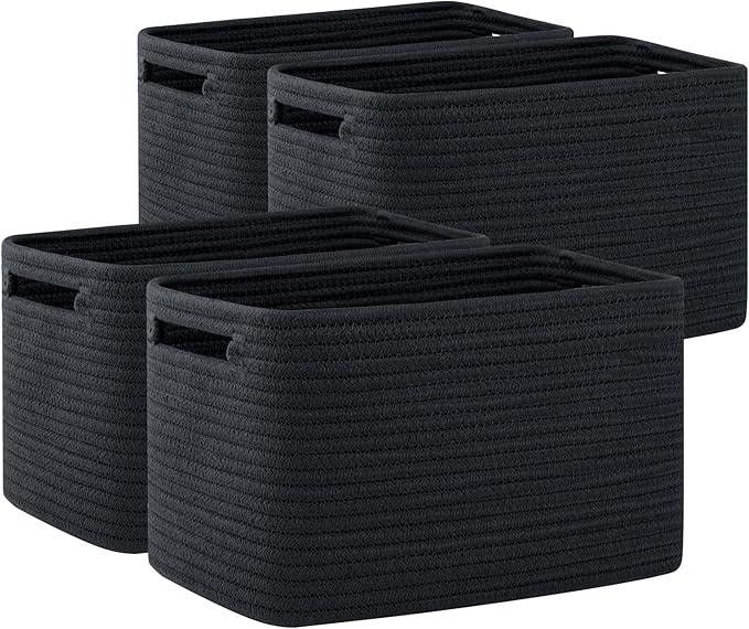 OIAHOMY 4 Pack Storage Baskets for Organizing, Cube Storage Bins for Shelves, Rectangle Storage Baskets With Handles, Woven Baskets for Storage, 12.7''Lx9''Wx7.8''H, Black