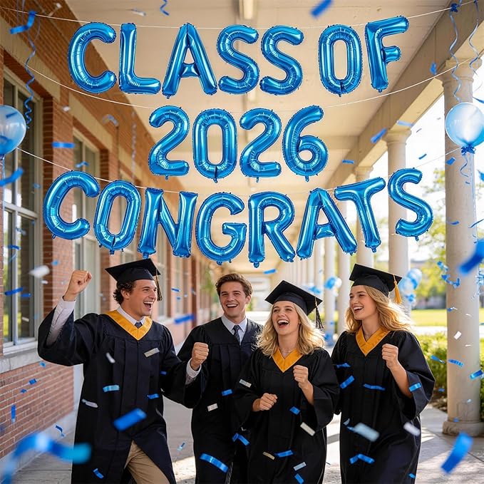 Blue Class of 2026 Congrats Balloons, 2026 Graduation Decorations 16inch Congrats Grad Foil Balloons Banner Sign for Class of 2026 College High School Graduation Prom Party Backdrop Supplies