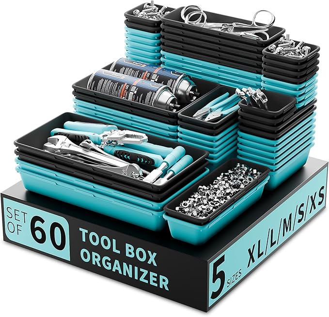 Tool Box Organizer Tray, Toolbox Desk Drawer Organizer, Tool Box Tray, Toolbox Organization Storage for Rolling Tool Chest (60PCS (Blue+Black))